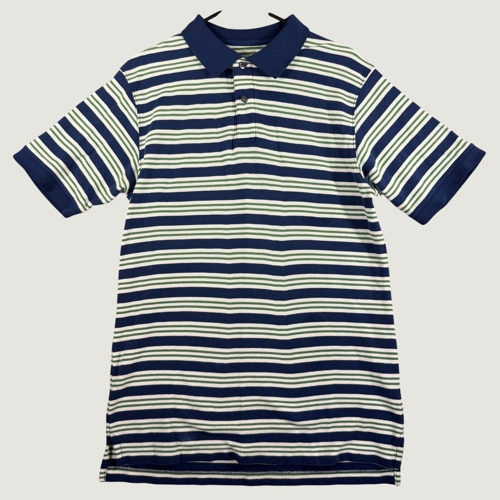 LL Bean Golf Shirt Mens S Polo Style 100% Cotton Striped Blue White Green